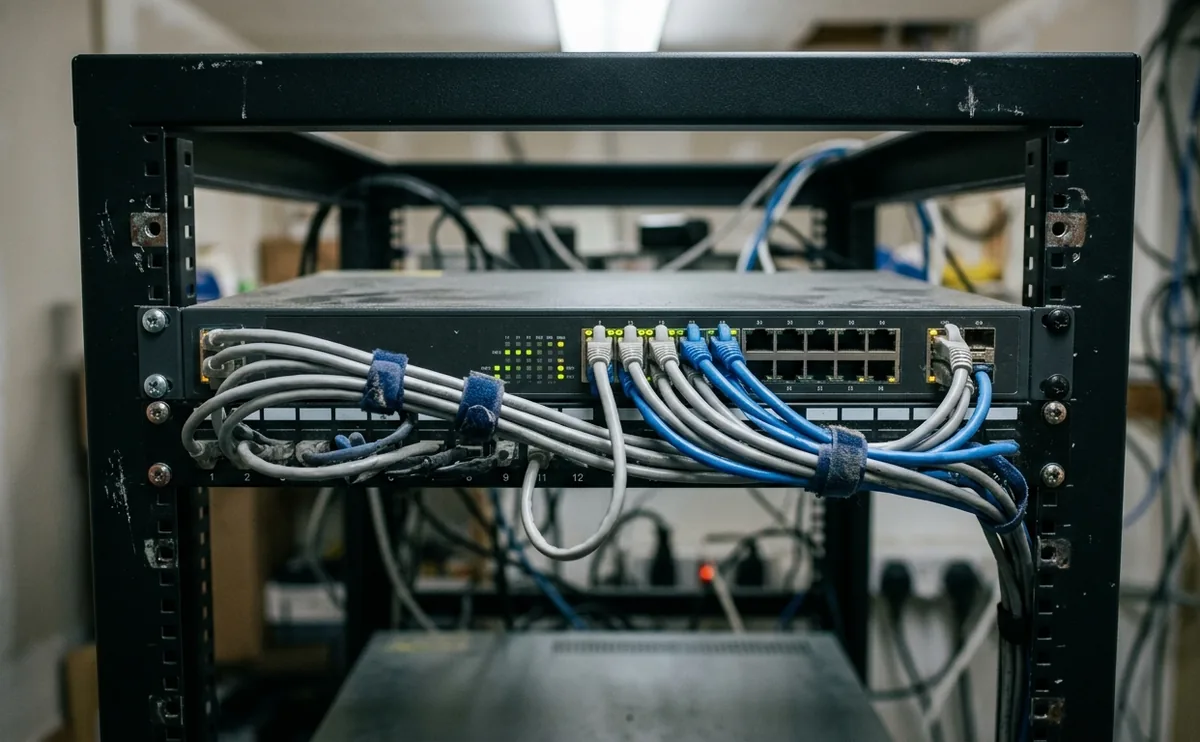 Ethernet cables connected to a physical network switch