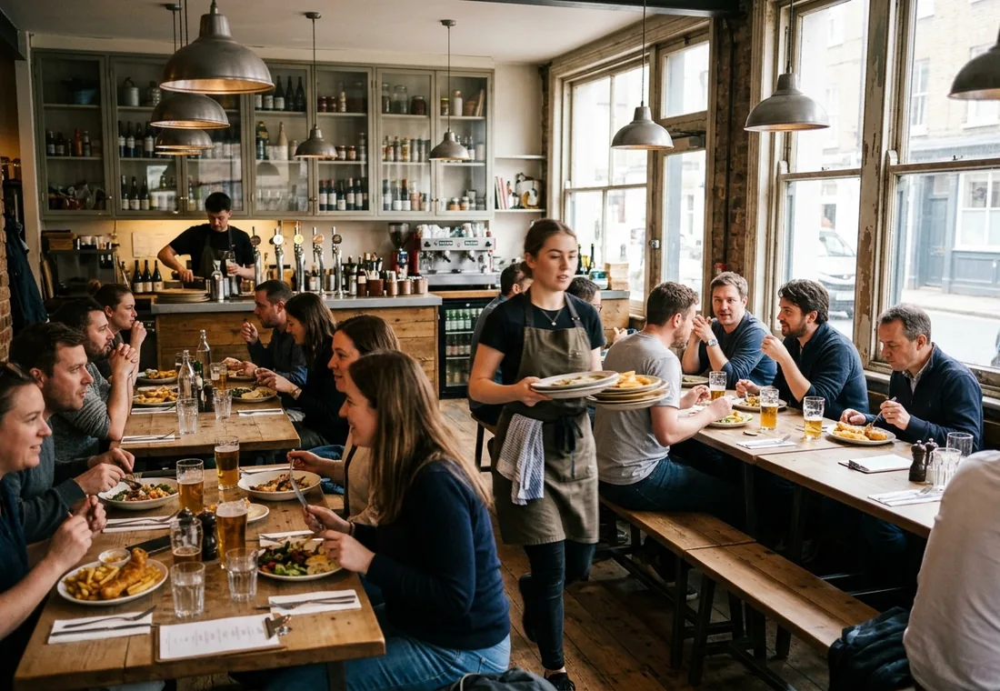 Diners eating at long wooden tables in a busy restaurant