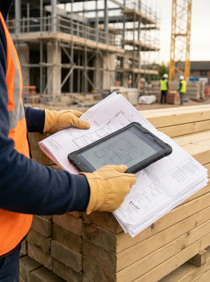 A site manager in a high-visibility vest checking drawings and a tablet on a construction site