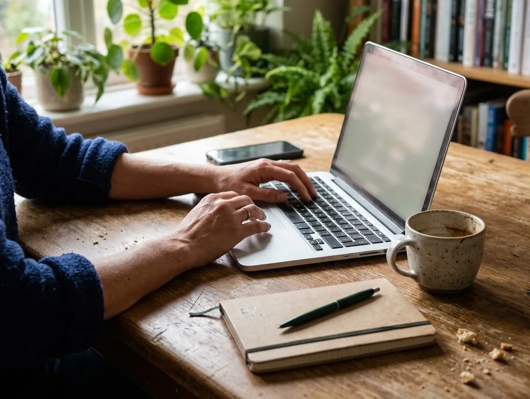Hands working on a laptop at a wooden office desk