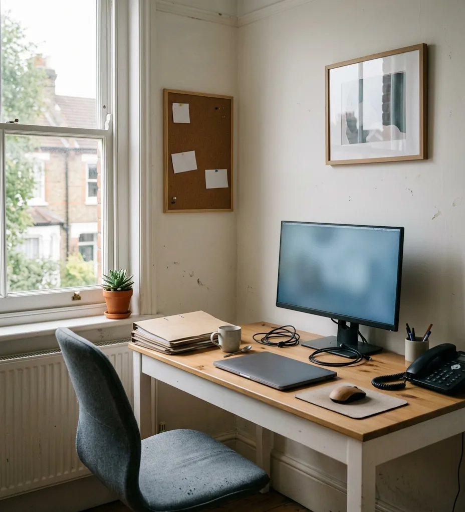 A naturally lit workspace with a desk and computer equipment